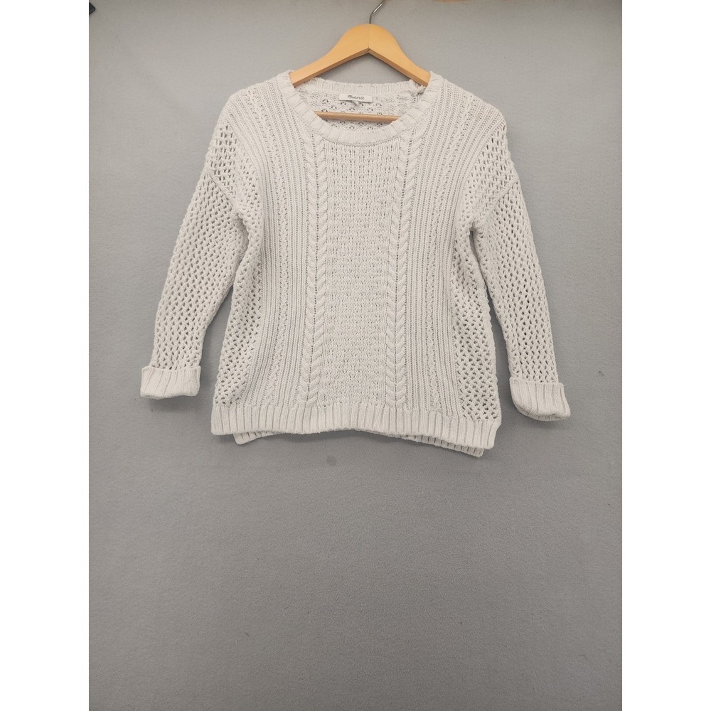 Madewell White Cable Knit Sweater XS Crochet Mesh Sleeve Cotton Blend E9797 Boho
